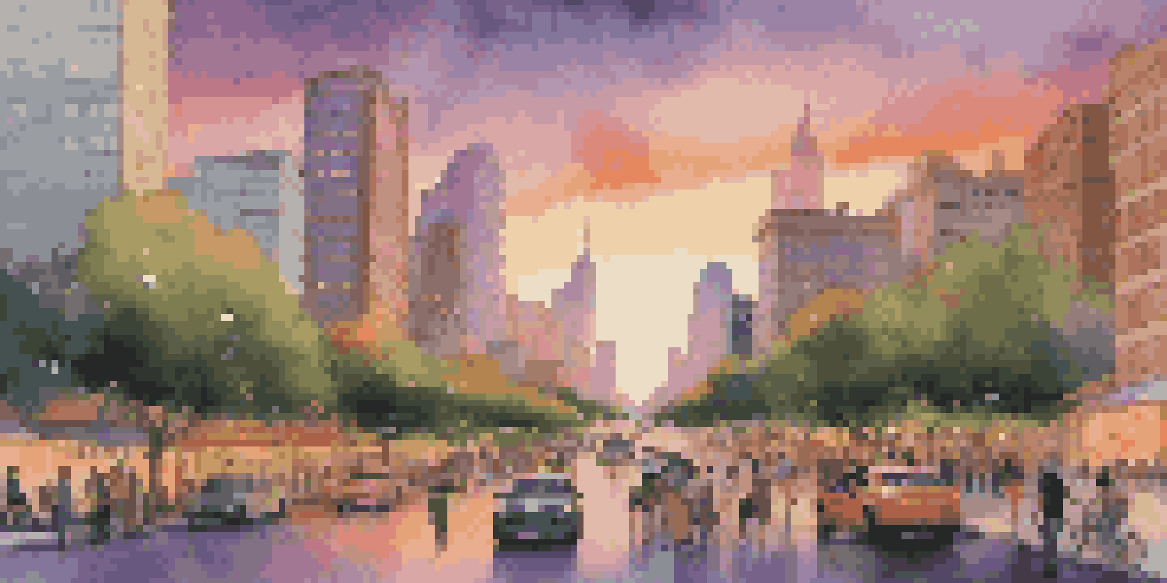 A colorful city skyline at sunset with reflected colors in the sky and a busy street below, surrounded by a park with green trees and flowers.