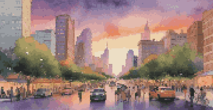 A colorful city skyline at sunset with reflected colors in the sky and a busy street below, surrounded by a park with green trees and flowers.