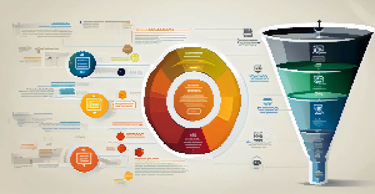 A colorful infographic illustrating the stages of a sales funnel with labeled sections and icons.
