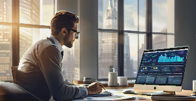 A business professional intently reviewing competitor data on a laptop, with various charts and graphs displayed on the desk, and sunlight streaming through a window.