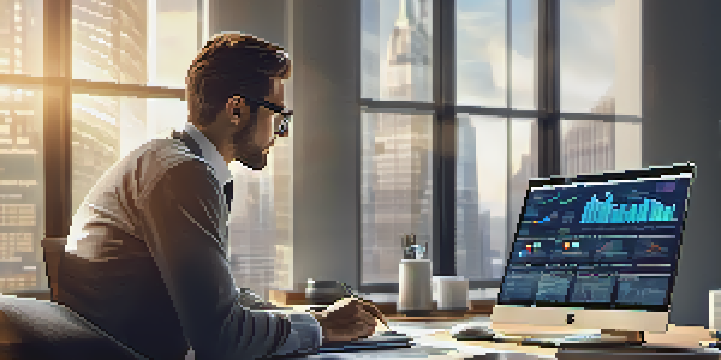 A business professional intently reviewing competitor data on a laptop, with various charts and graphs displayed on the desk, and sunlight streaming through a window.