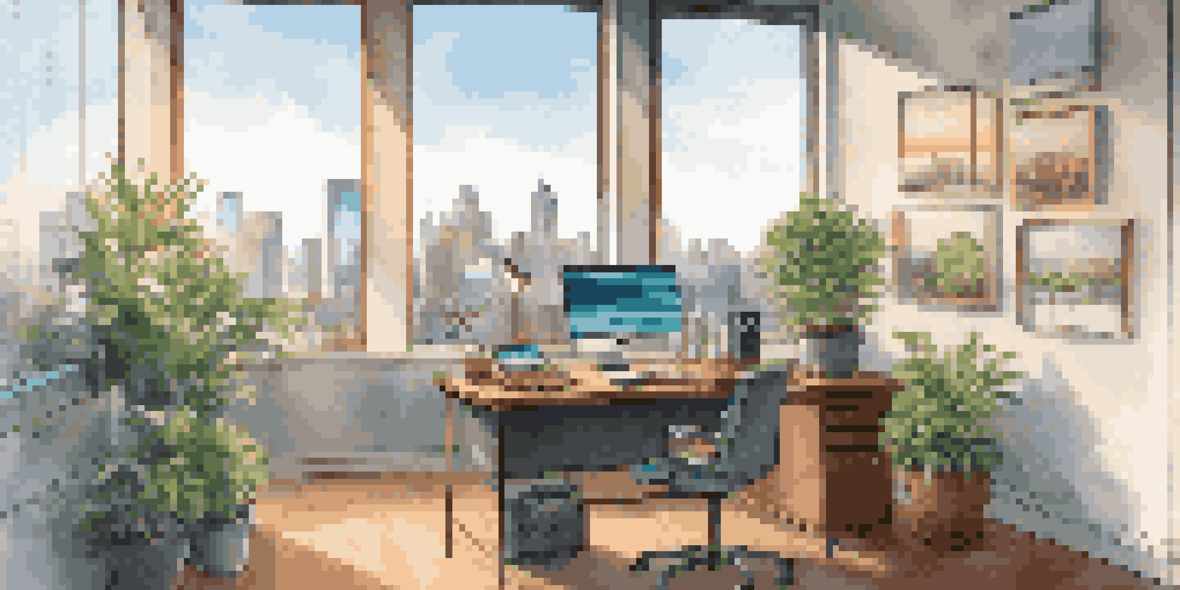 A modern office workspace with a wooden desk, an open laptop displaying a data analytics dashboard, a potted plant, and a city skyline view through a large window.