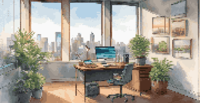 A modern office workspace with a wooden desk, an open laptop displaying a data analytics dashboard, a potted plant, and a city skyline view through a large window.