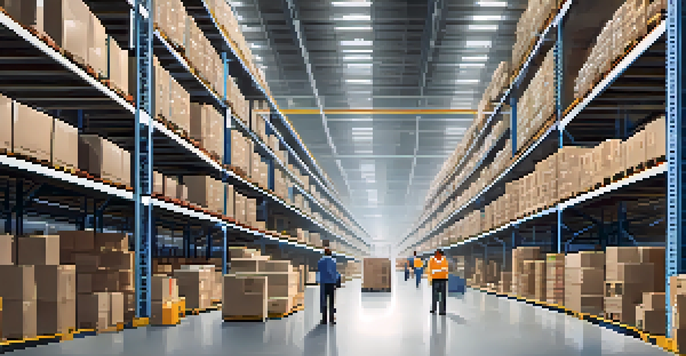 An e-commerce warehouse with employees scanning inventory using handheld devices amidst neatly stocked shelves and bright lighting.