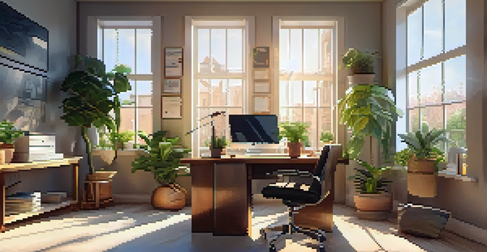 A modern office workspace with a desk, laptop, notepad, coffee cup, and sunlight streaming through a window, surrounded by plants and motivational quotes.
