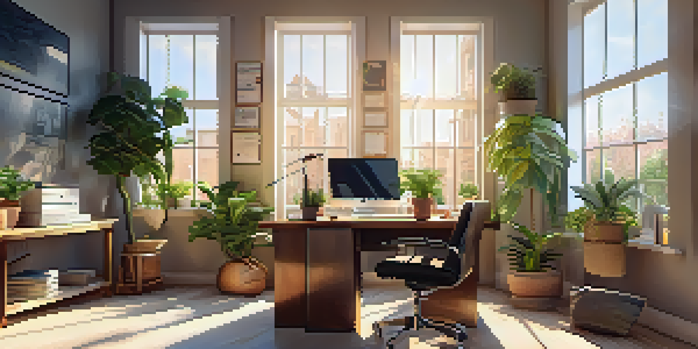 A modern office workspace with a desk, laptop, notepad, coffee cup, and sunlight streaming through a window, surrounded by plants and motivational quotes.