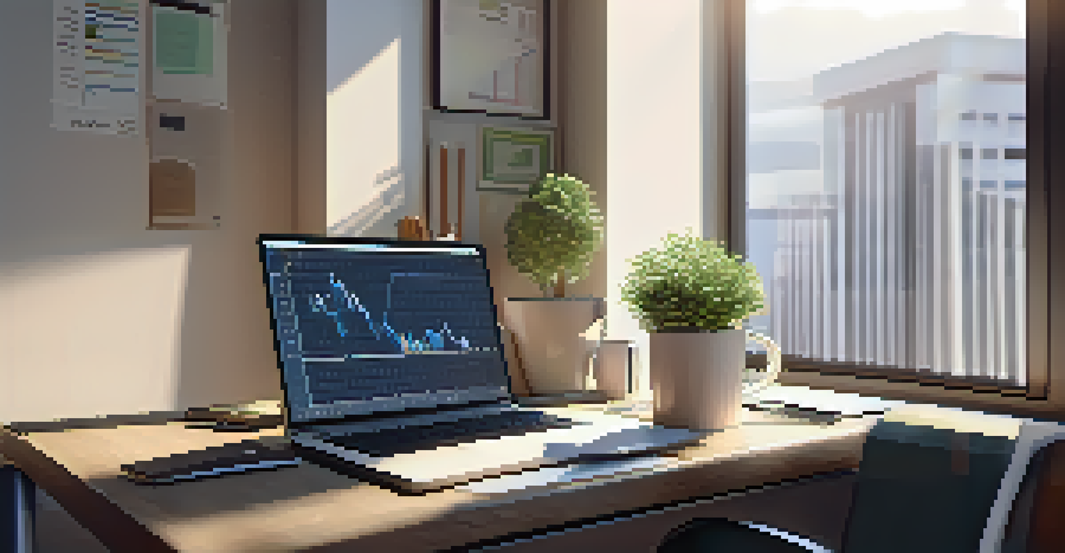 A well-organized office desk with a laptop displaying a financial model and growth trends, illuminated by soft natural light.