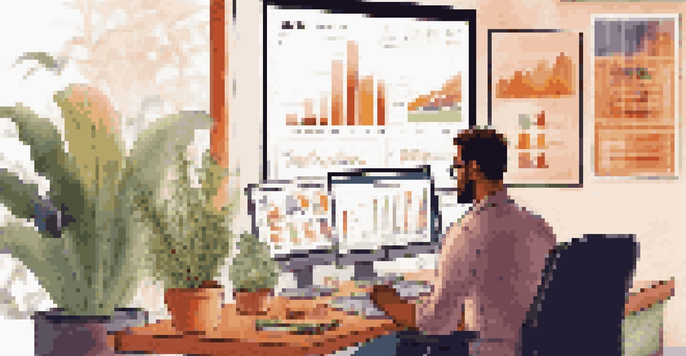 A small business owner sitting at a desk with a laptop, analyzing colorful data charts in a cozy office environment.