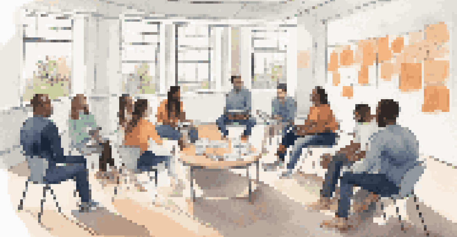 A diverse group of team members participating in an empathy training workshop, sharing thoughts in a bright and collaborative environment.