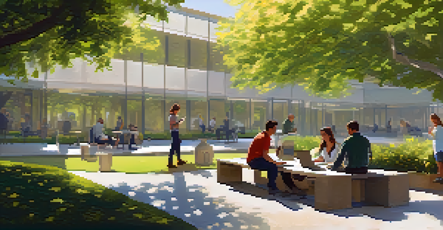 A serene garden with employees relaxing and discussing ideas under the shade of trees, symbolizing a supportive work environment.