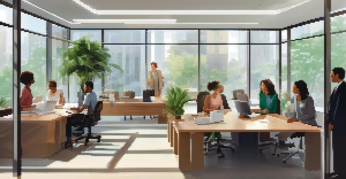 A diverse group of employees having a collaborative meeting in a bright, plant-filled office, showcasing positive work culture.
