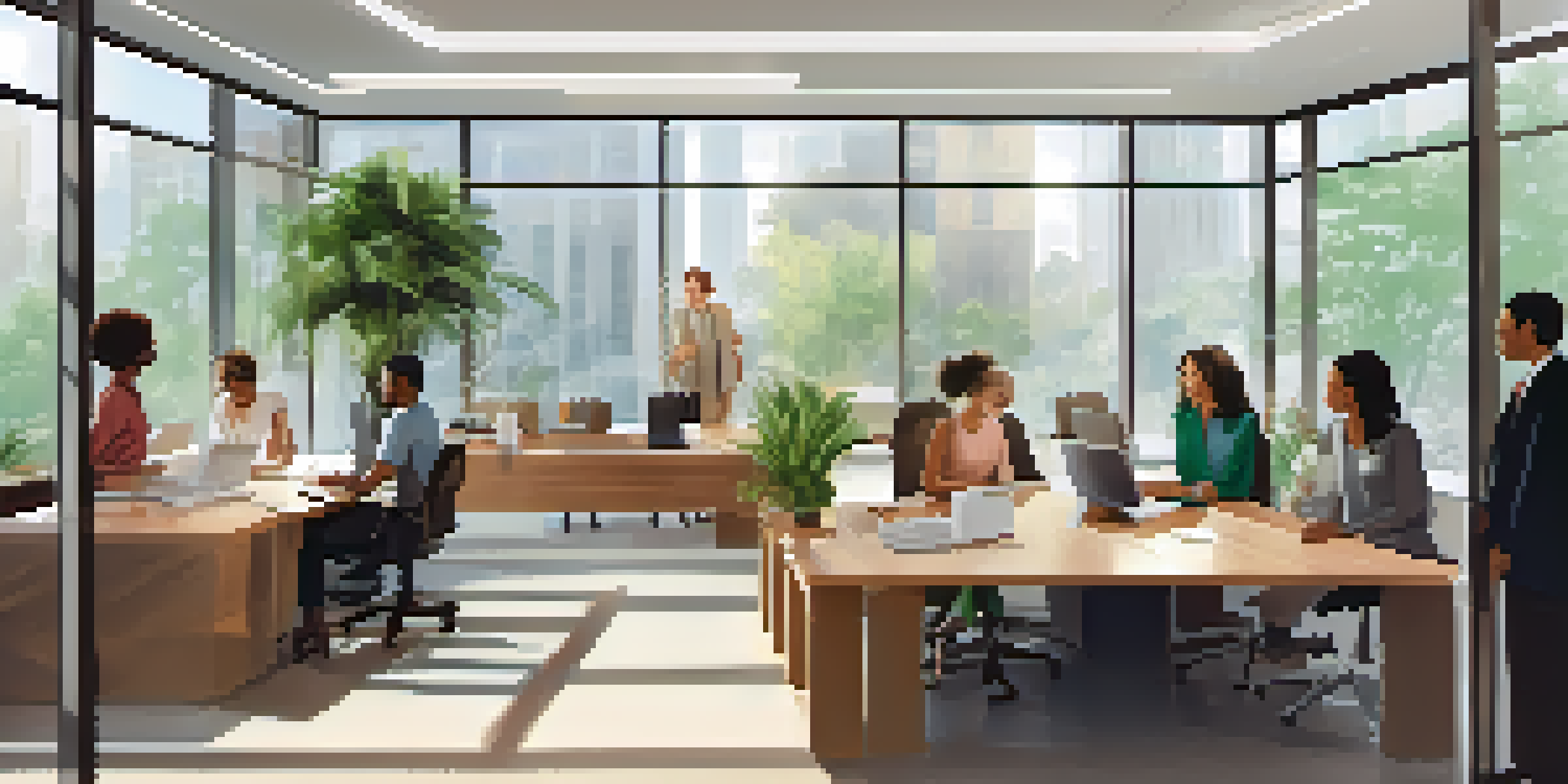 A diverse group of employees having a collaborative meeting in a bright, plant-filled office, showcasing positive work culture.