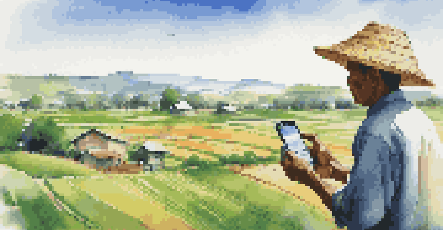A farmer in a rural landscape using a smartphone amidst lush green fields, symbolizing the blend of tradition and modern technology.