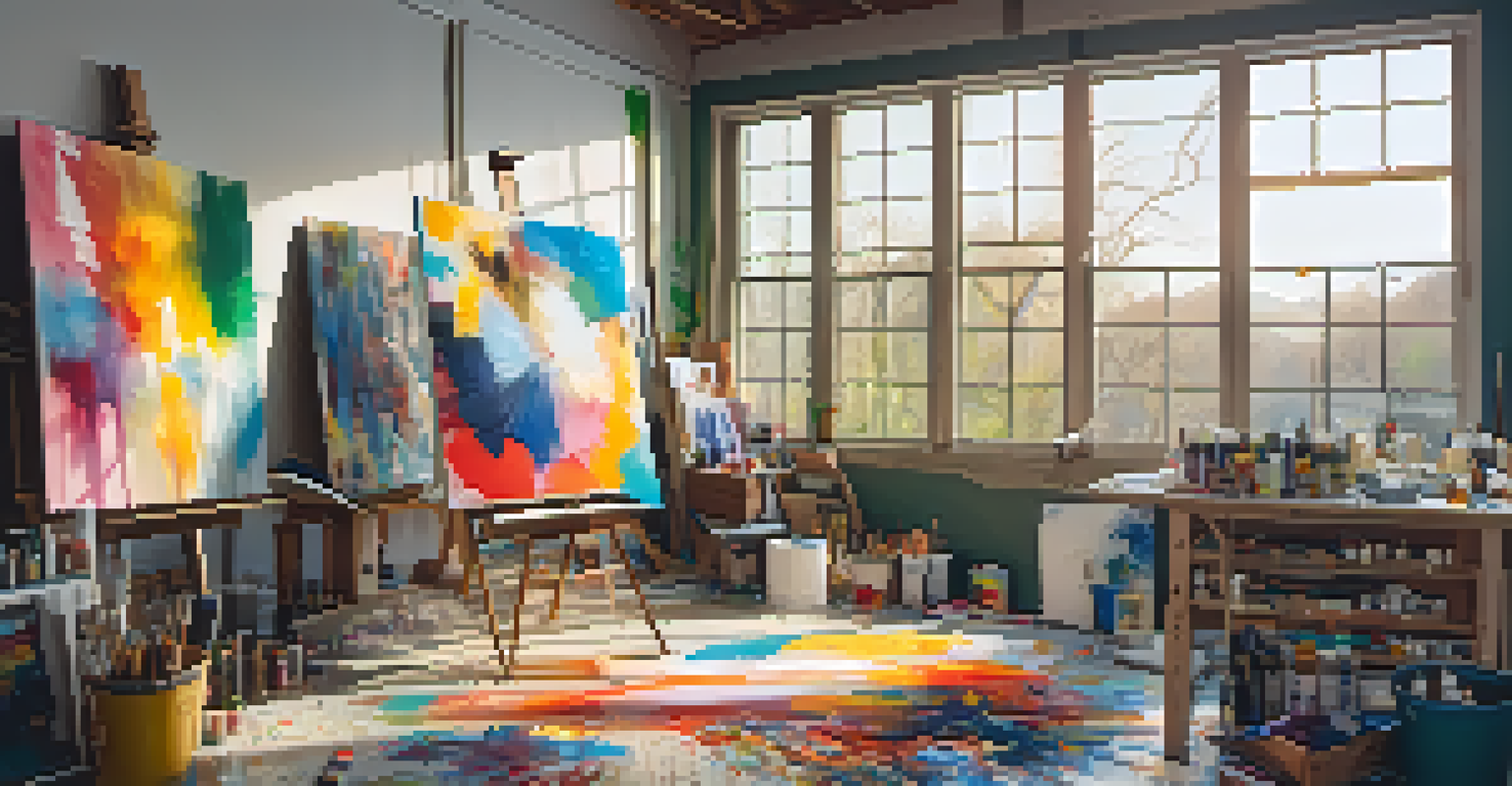 An artist's studio with colorful artworks and a large canvas in progress, filled with natural light.