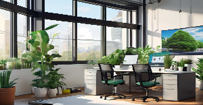 A bright, modern office workspace featuring a computer with video conferencing software, a smartphone with messaging apps, and a notepad with notes, surrounded by plants and natural light.