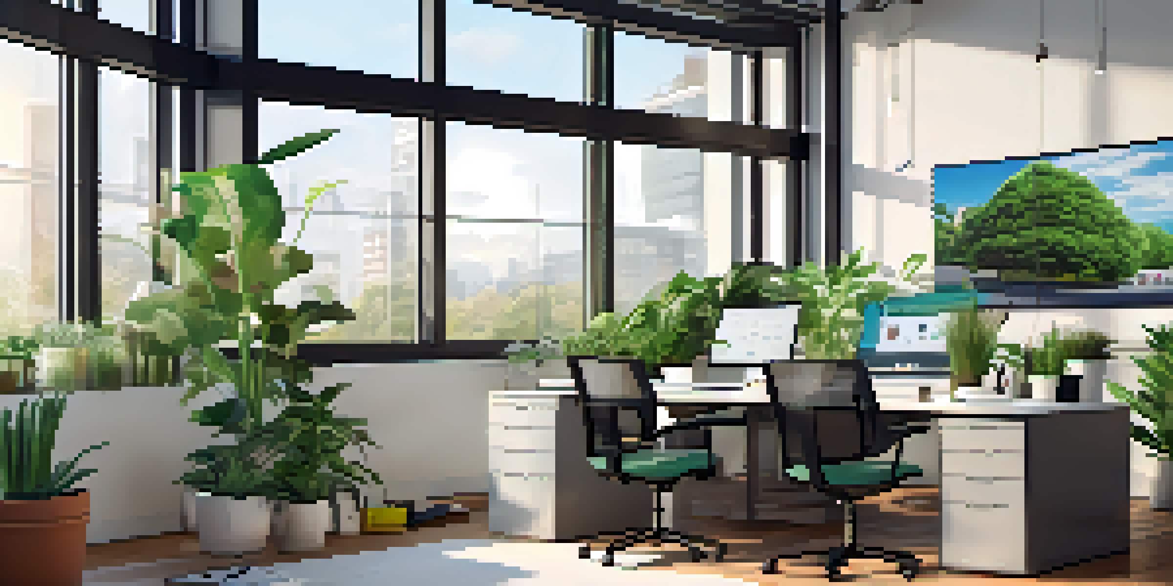 A bright, modern office workspace featuring a computer with video conferencing software, a smartphone with messaging apps, and a notepad with notes, surrounded by plants and natural light.