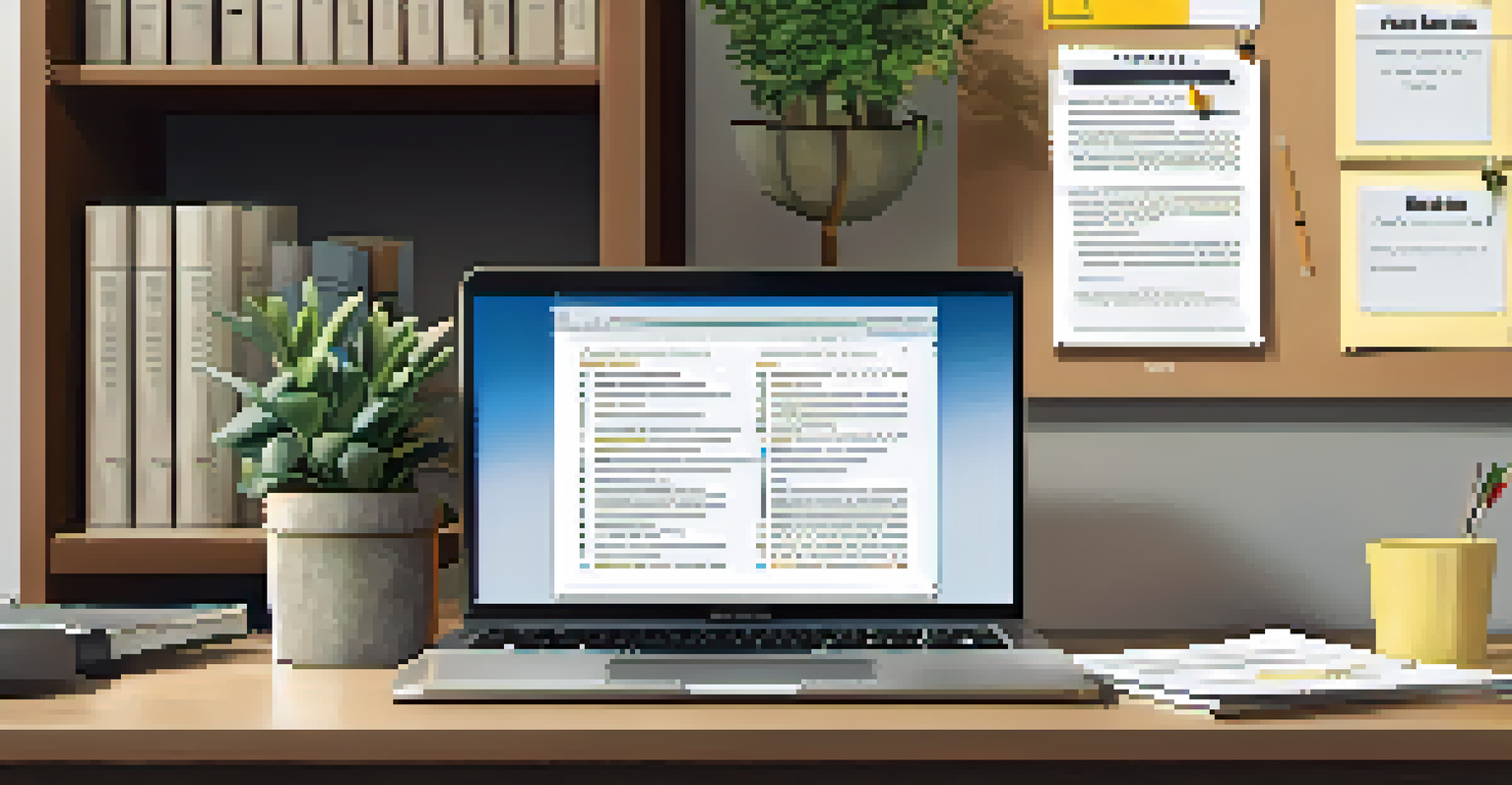 A workspace with an opened franchise operating manual, a laptop, and a potted plant, in softly diffused light.