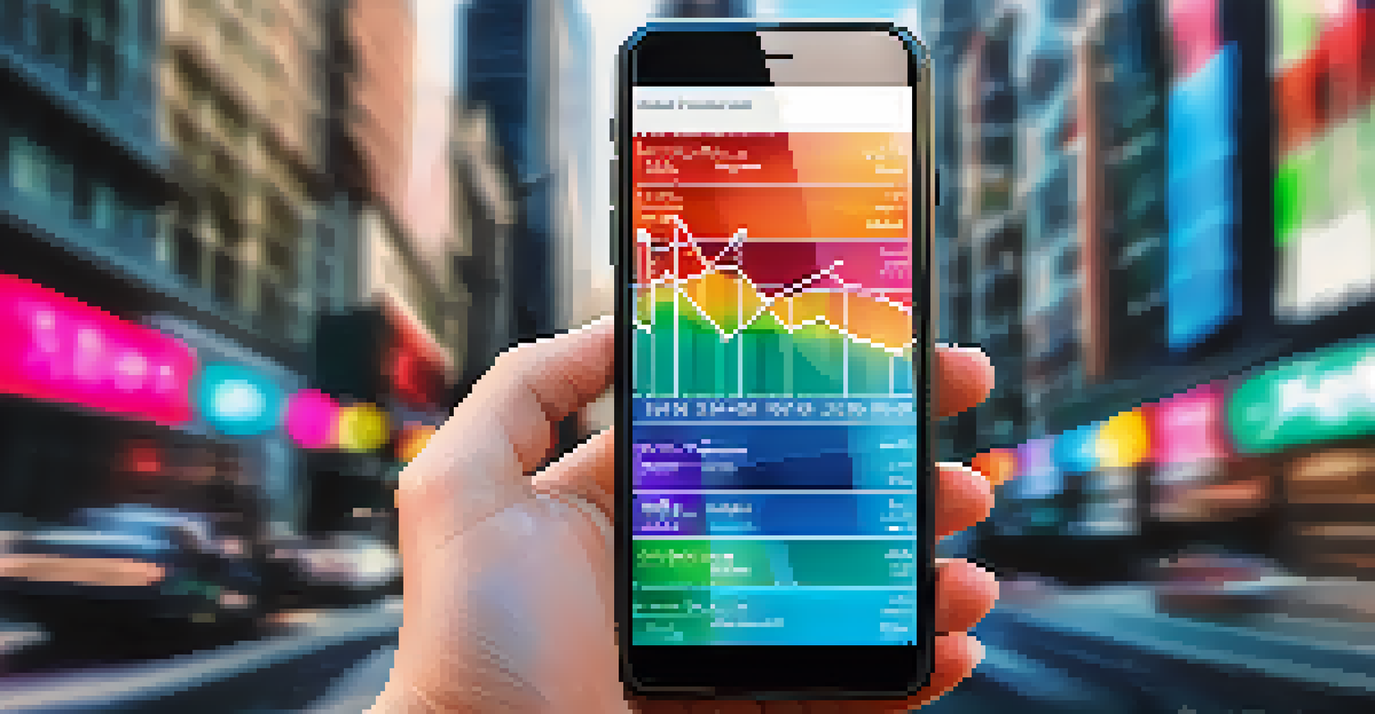 A close-up of a hand holding a smartphone with financial graphs, set against a busy urban backdrop.