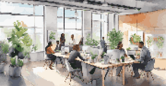 A bright and modern office space where diverse entrepreneurs are collaborating, surrounded by large windows and minimalistic design elements.