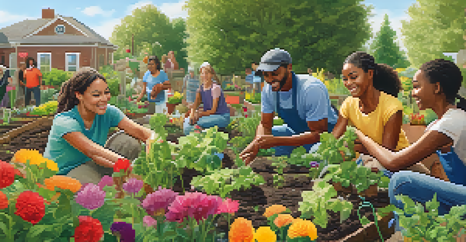 A diverse group of people working together in a vibrant community garden, planting vegetables and flowers.