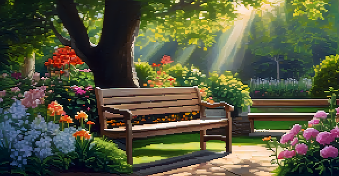 A peaceful garden with a wooden bench surrounded by colorful flowers and green plants, illuminated by soft sunlight.