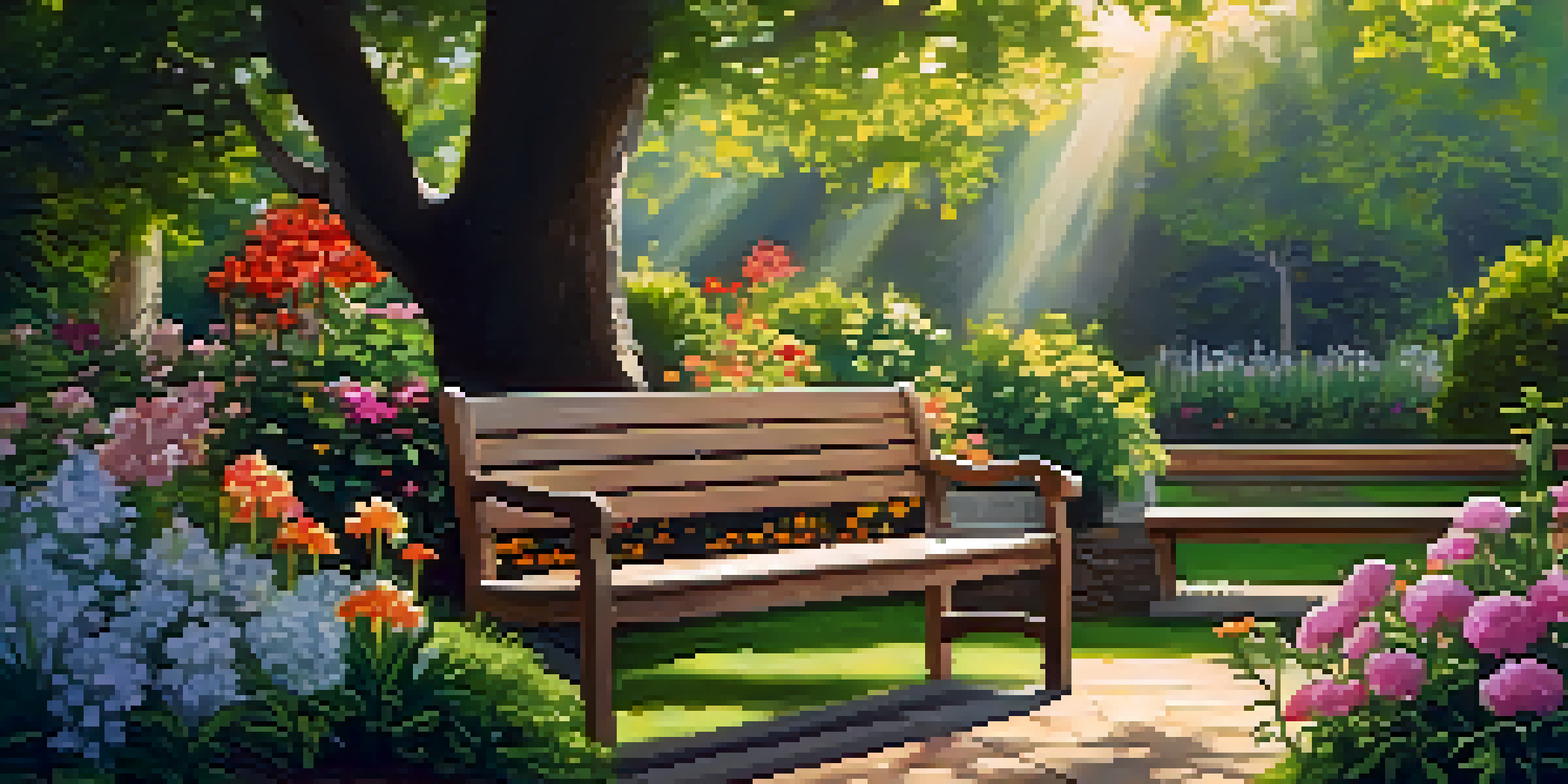 A peaceful garden with a wooden bench surrounded by colorful flowers and green plants, illuminated by soft sunlight.