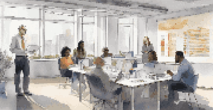 A researcher conducting interviews with a diverse group of individuals in a well-lit office, surrounded by charts and papers.