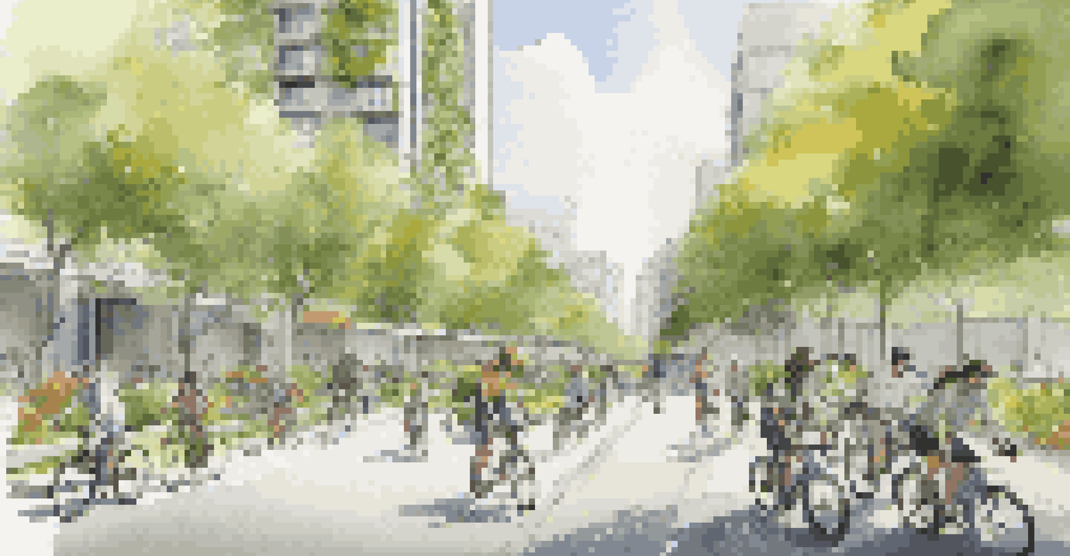 An urban environment with energy-efficient buildings covered in greenery, and people riding bicycles on a sunny day.