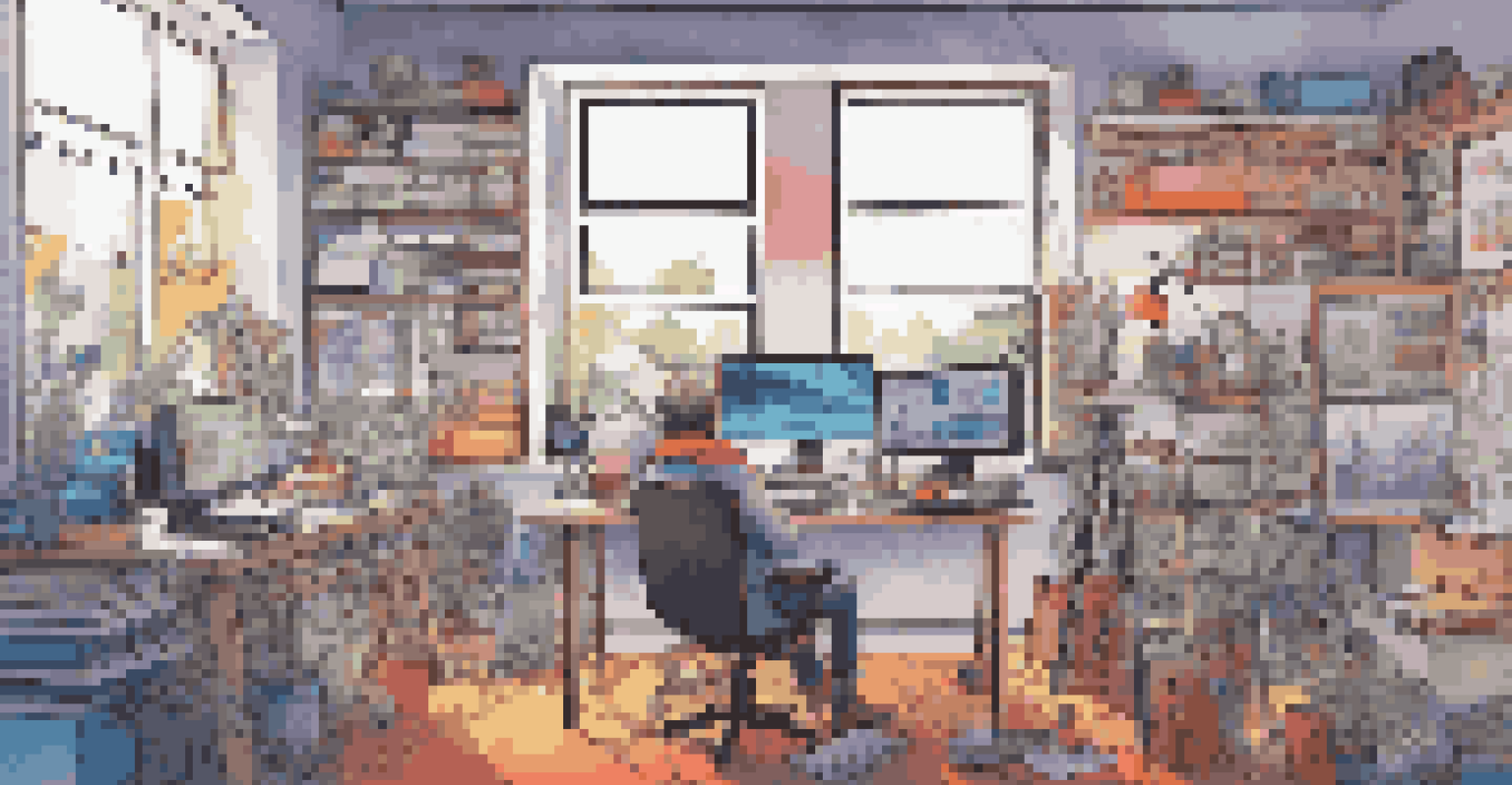 A content creator in a bright workspace, surrounded by tools and screens displaying analytics, symbolizing creativity and adaptation.