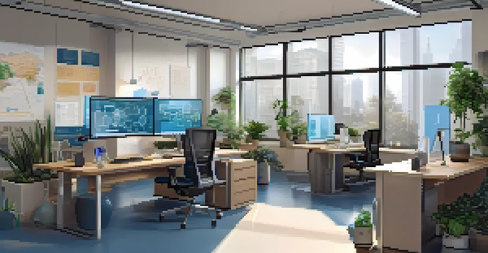 A modern office with emerging technologies like AI on screens, blockchain diagrams, and IoT devices, featuring bright natural light and greenery.