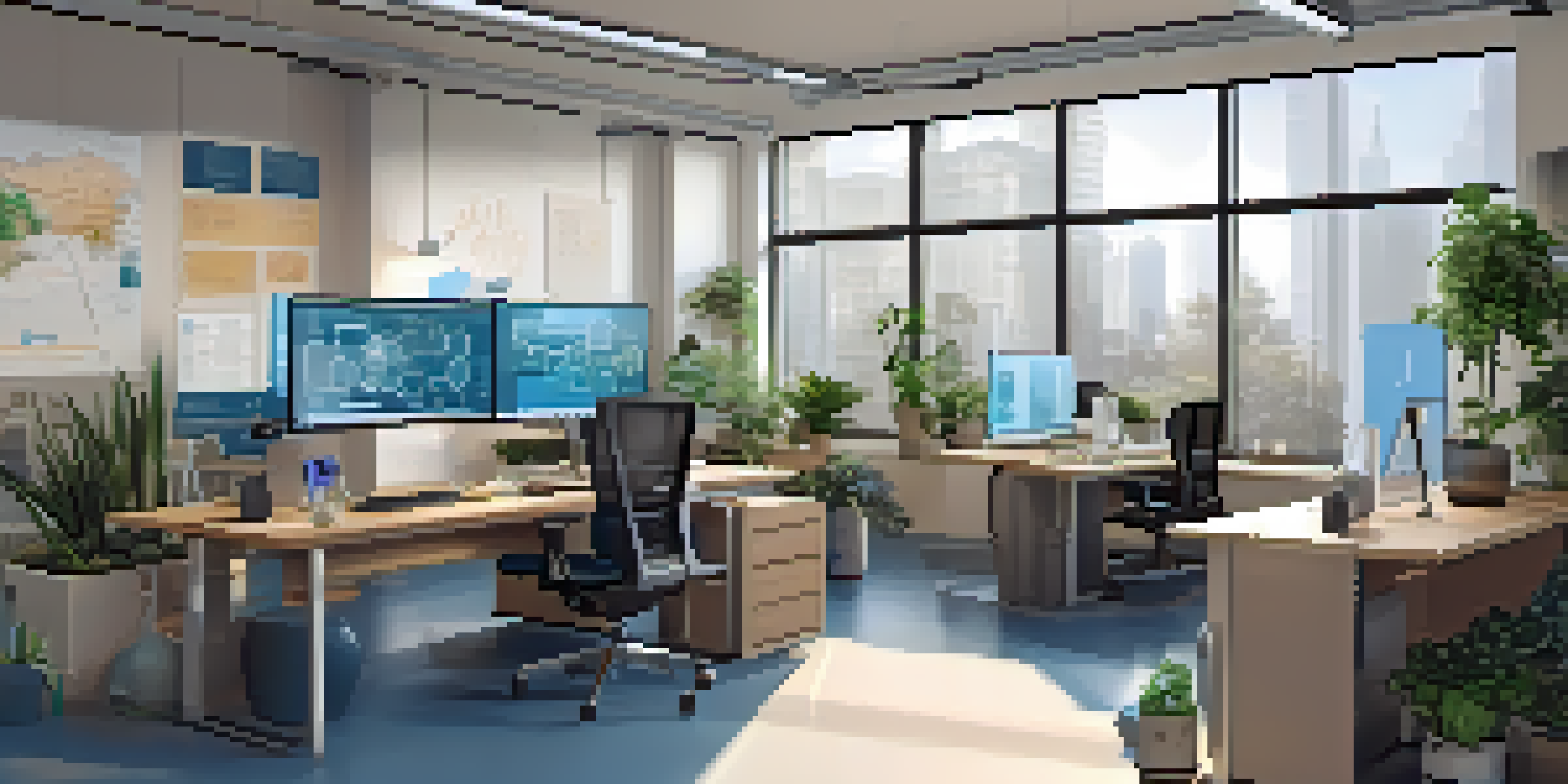 A modern office with emerging technologies like AI on screens, blockchain diagrams, and IoT devices, featuring bright natural light and greenery.