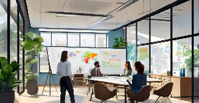A diverse group of professionals in a bright office engaged in a strategic planning meeting, discussing ideas around a large table with a whiteboard in the background.