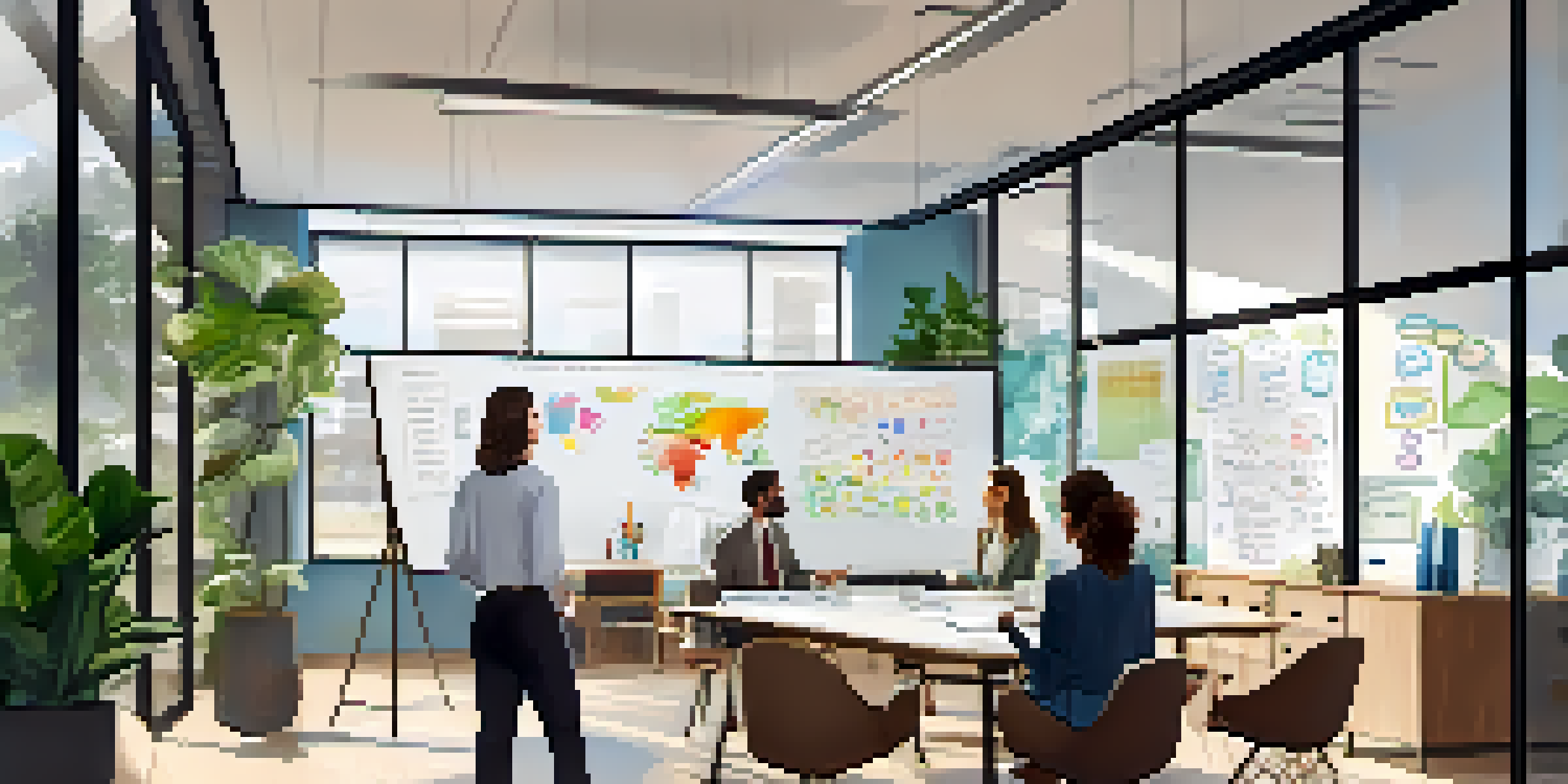 A diverse group of professionals in a bright office engaged in a strategic planning meeting, discussing ideas around a large table with a whiteboard in the background.