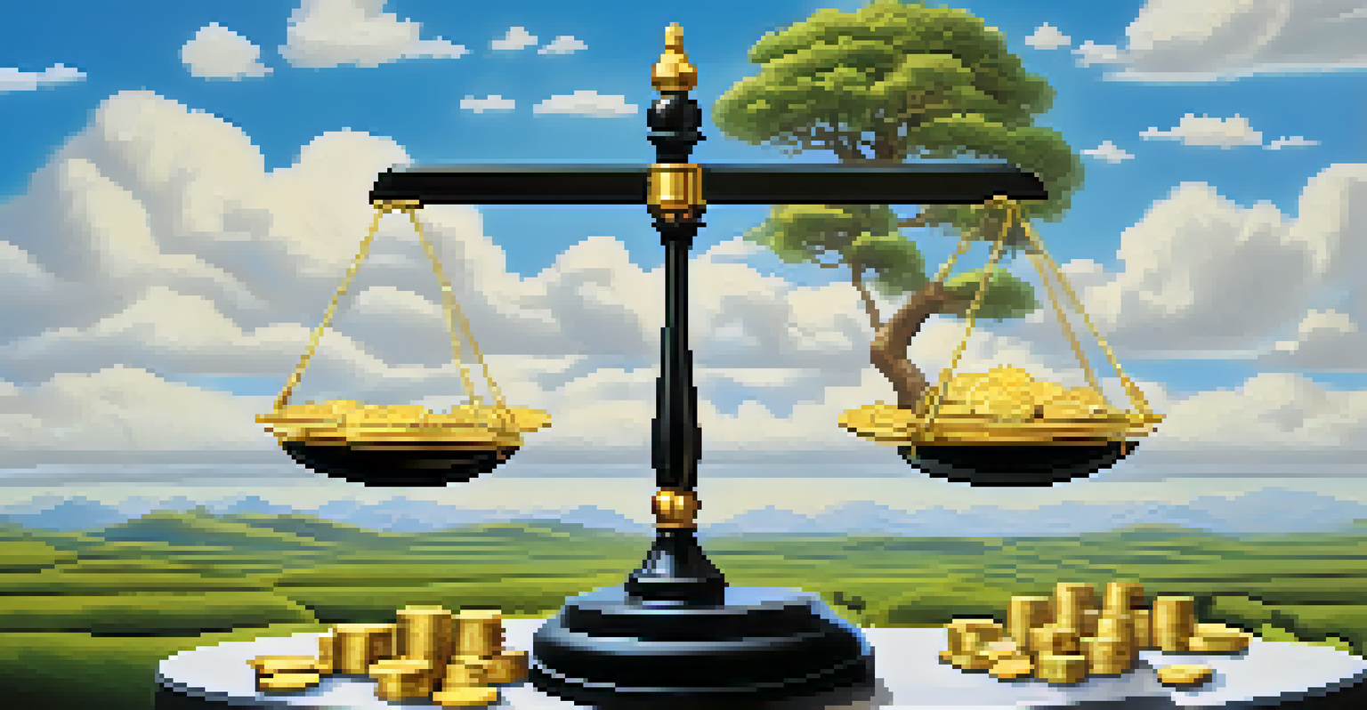 A balance scale depicting the contrast between short-term financial gains and long-term sustainable success, set against a peaceful landscape.