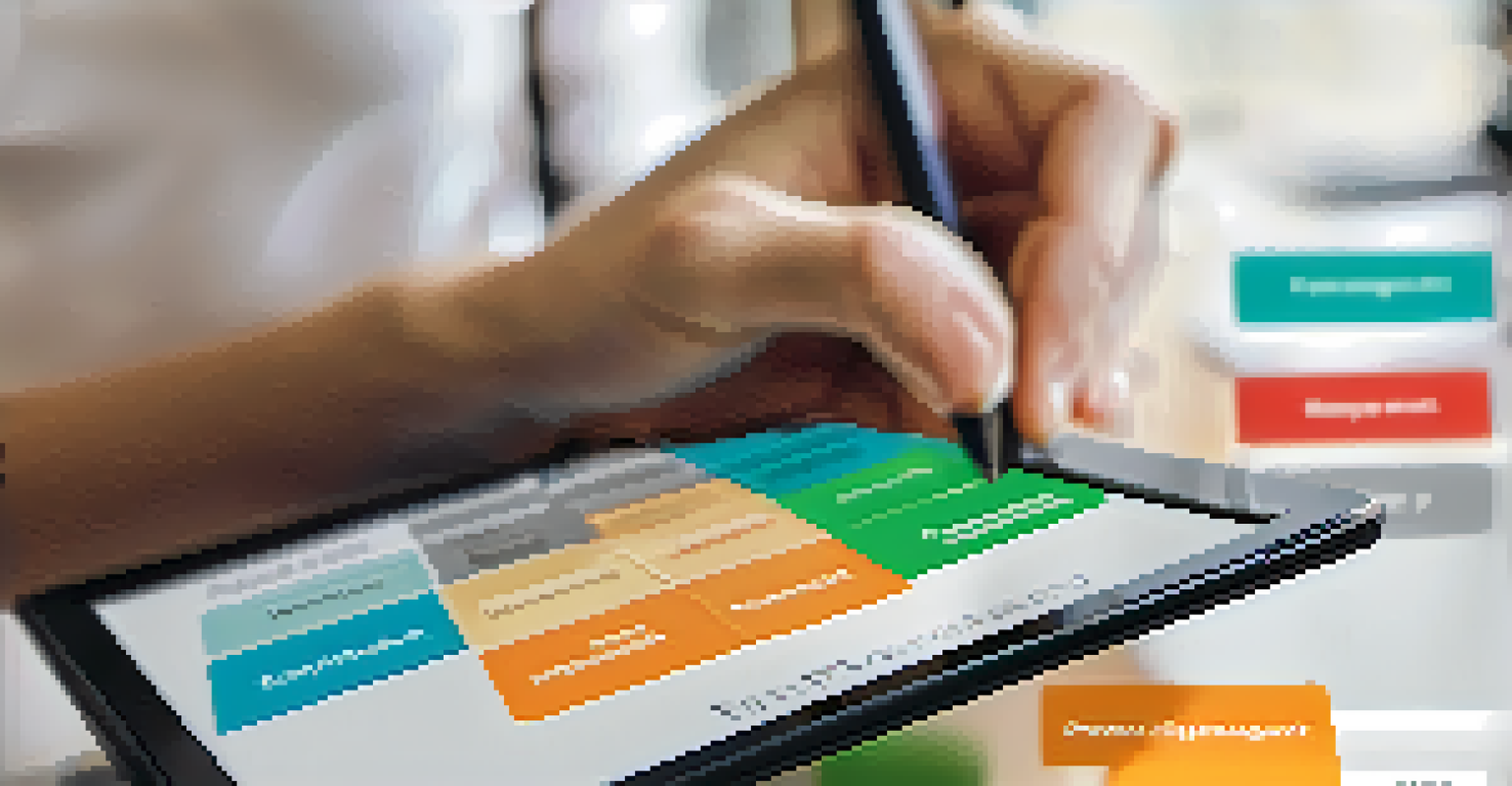 A close-up of a person using a tablet to fill out an employee engagement survey with a clear interface.