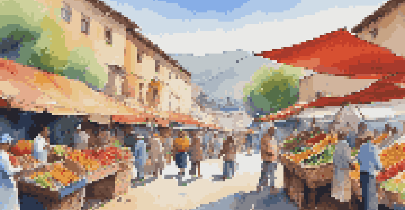 A bustling outdoor market with colorful stalls full of fruits and vegetables, and people interacting under a clear blue sky.