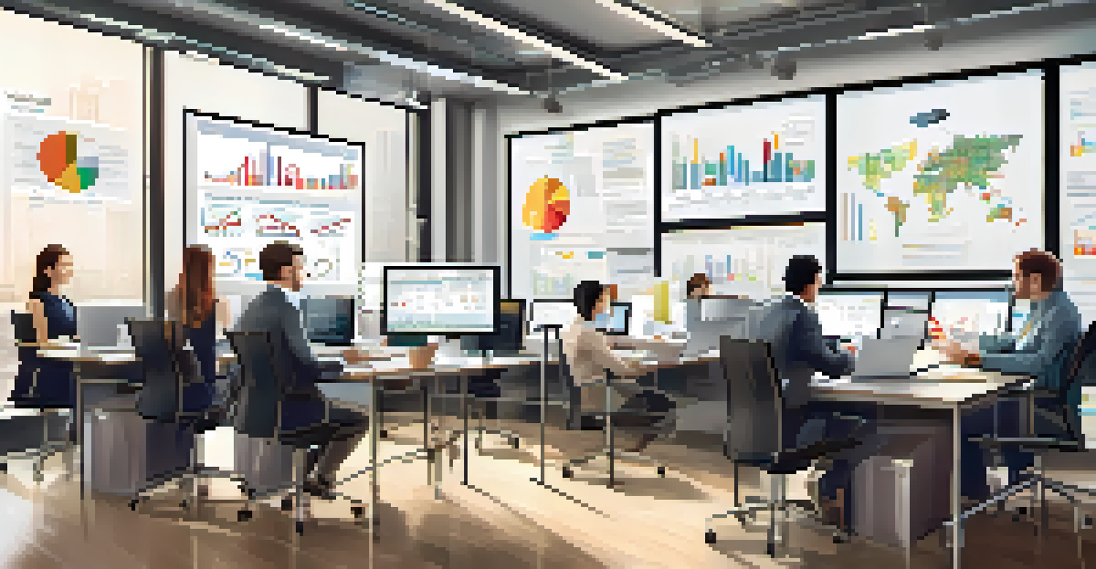 A team in an office analyzing sales data on laptops and tablets, with charts and graphs visible on their screens.