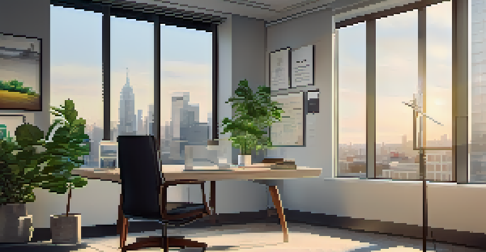 A modern office with a view of a city skyline, featuring a desk with a laptop, financial charts, and a potted plant, illuminated by soft morning light.