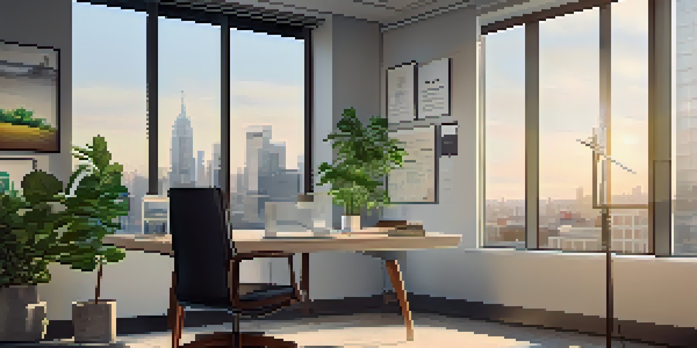 A modern office with a view of a city skyline, featuring a desk with a laptop, financial charts, and a potted plant, illuminated by soft morning light.