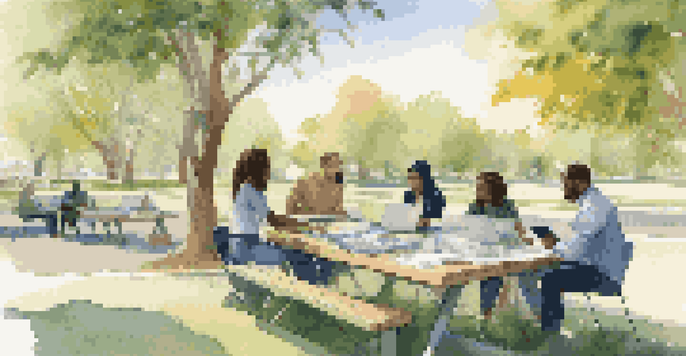 A diverse group of impact investors having a discussion outdoors at a picnic table, surrounded by nature.