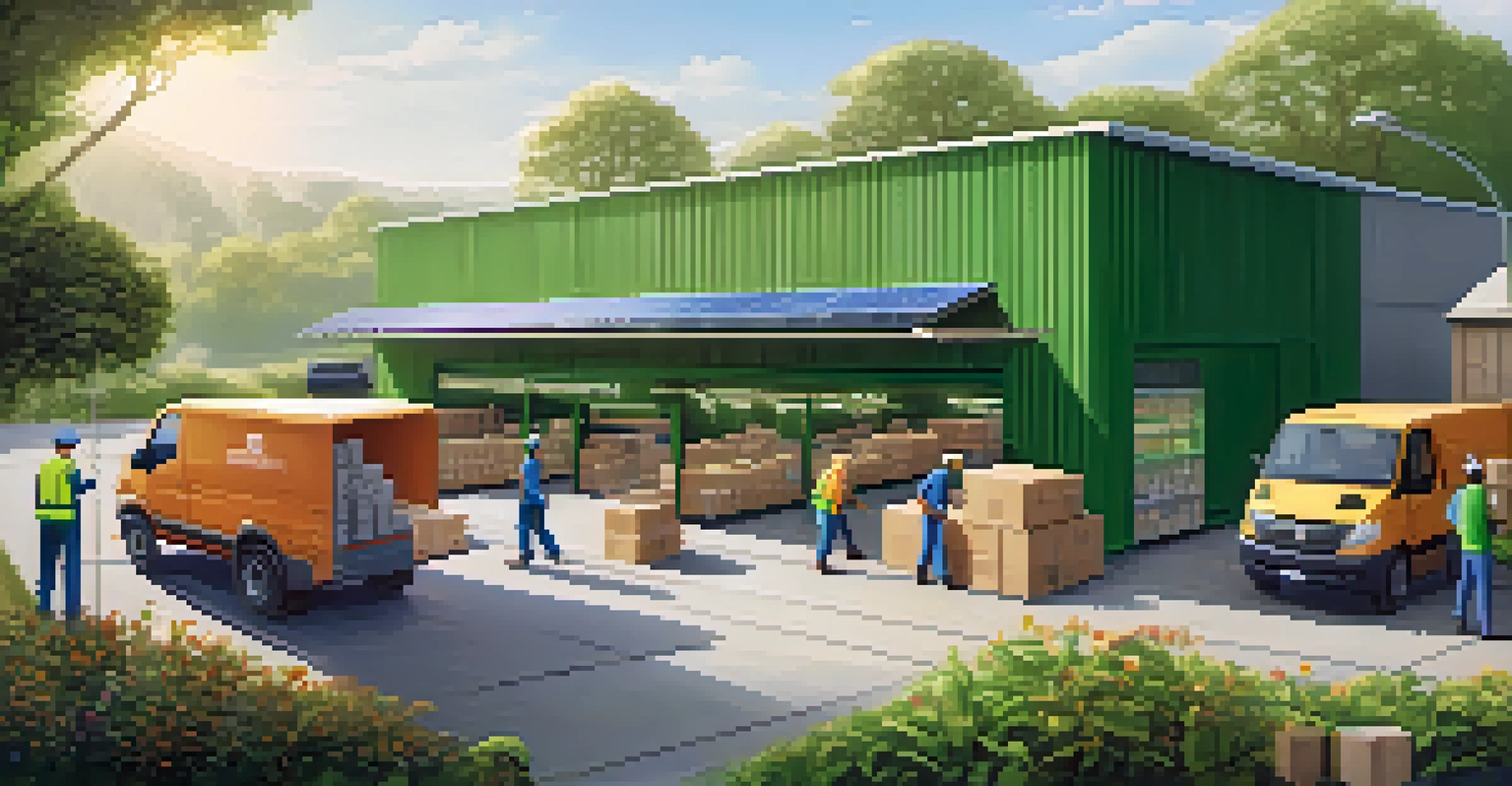 An eco-friendly warehouse with solar panels, greenery, and workers packing biodegradable products.