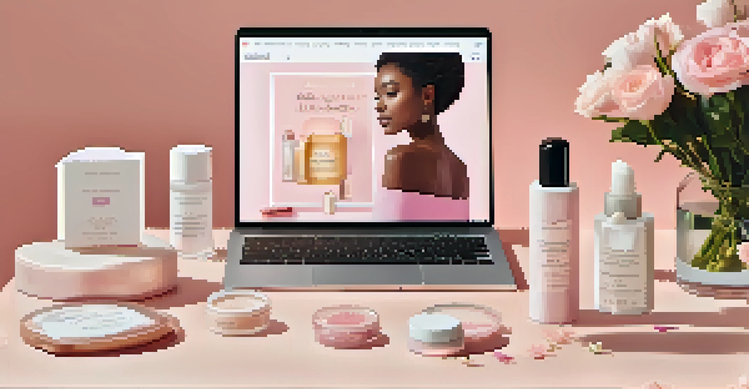 An elegant subscription box filled with beauty products on a workspace, with flowers and a laptop in the background.