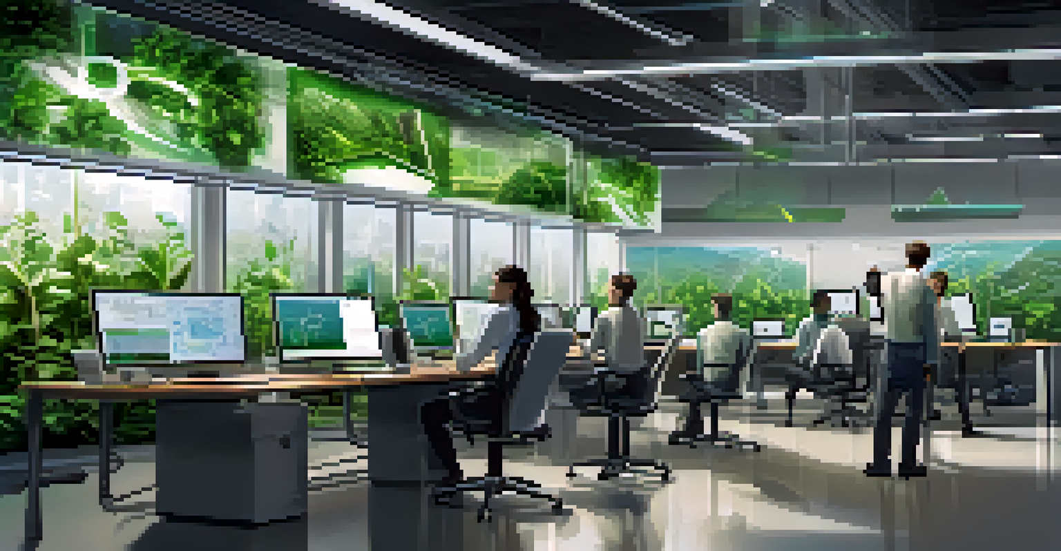 Engineers in a modern tech workspace discussing renewable energy solutions with digital screens.