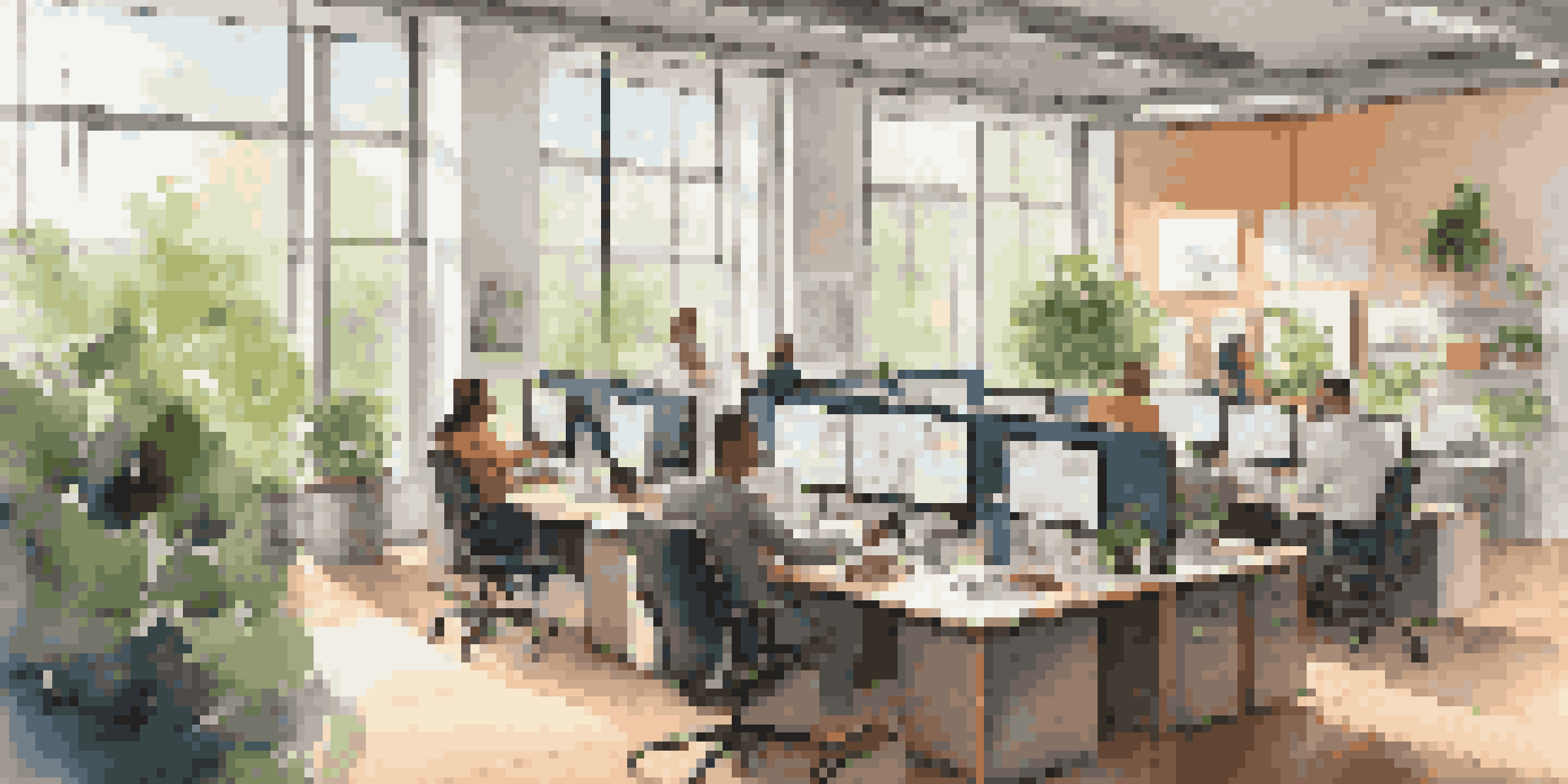 A bright and modern office with employees collaborating. Some are working on laptops while others discuss at desks, with plants and large windows in the background.
