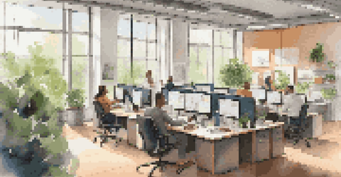 A bright and modern office with employees collaborating. Some are working on laptops while others discuss at desks, with plants and large windows in the background.