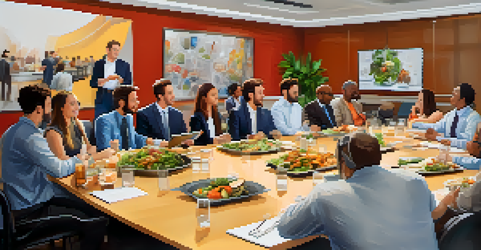 Employees participating in a 'lunch and learn' session with diverse dishes on the table and engaging visuals on a projector screen.