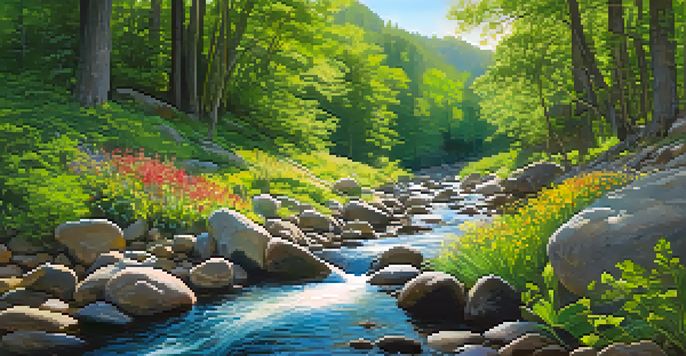 A peaceful forest with sunlight filtering through trees, a flowing stream, and colorful wildflowers.
