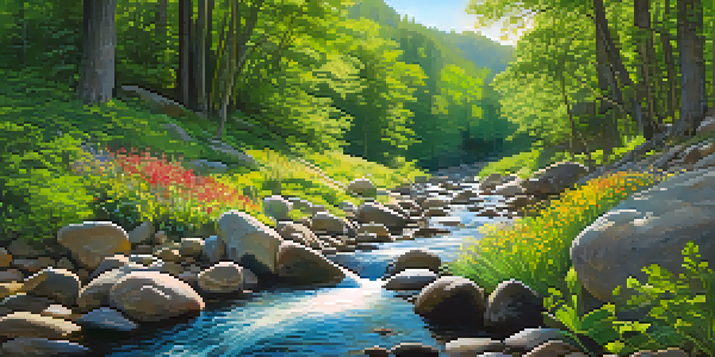 A peaceful forest with sunlight filtering through trees, a flowing stream, and colorful wildflowers.