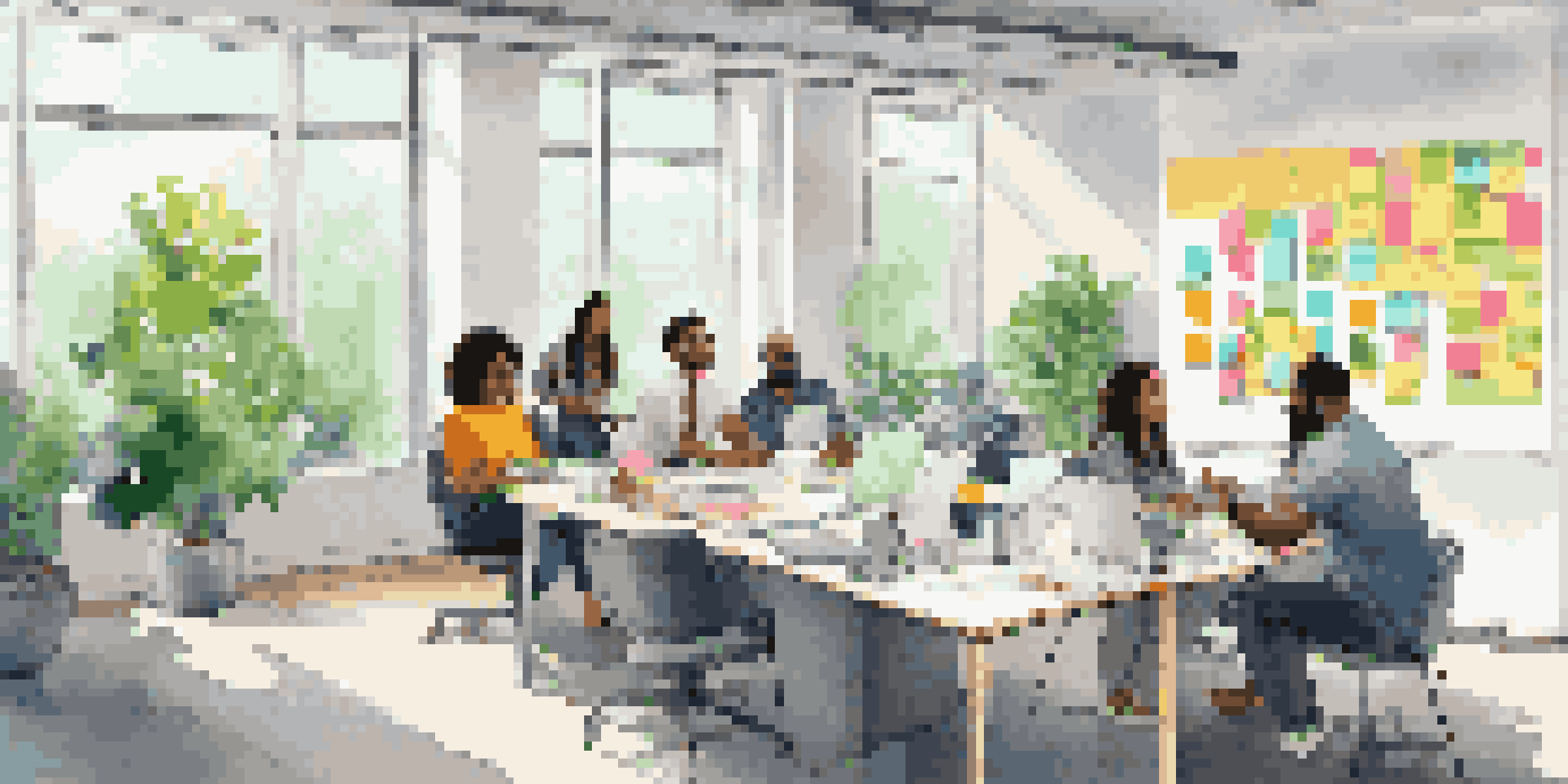 A diverse group of employees collaborating in a bright office space filled with sticky notes and whiteboards.