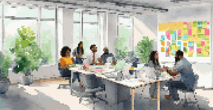 A diverse group of employees collaborating in a bright office space filled with sticky notes and whiteboards.